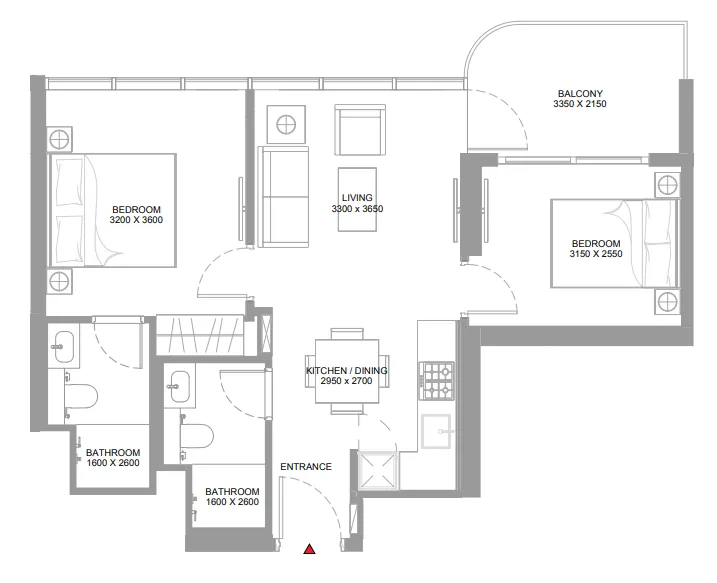 Pierside Marina Residences 2 bed floor plan, 685 – 686 sqft