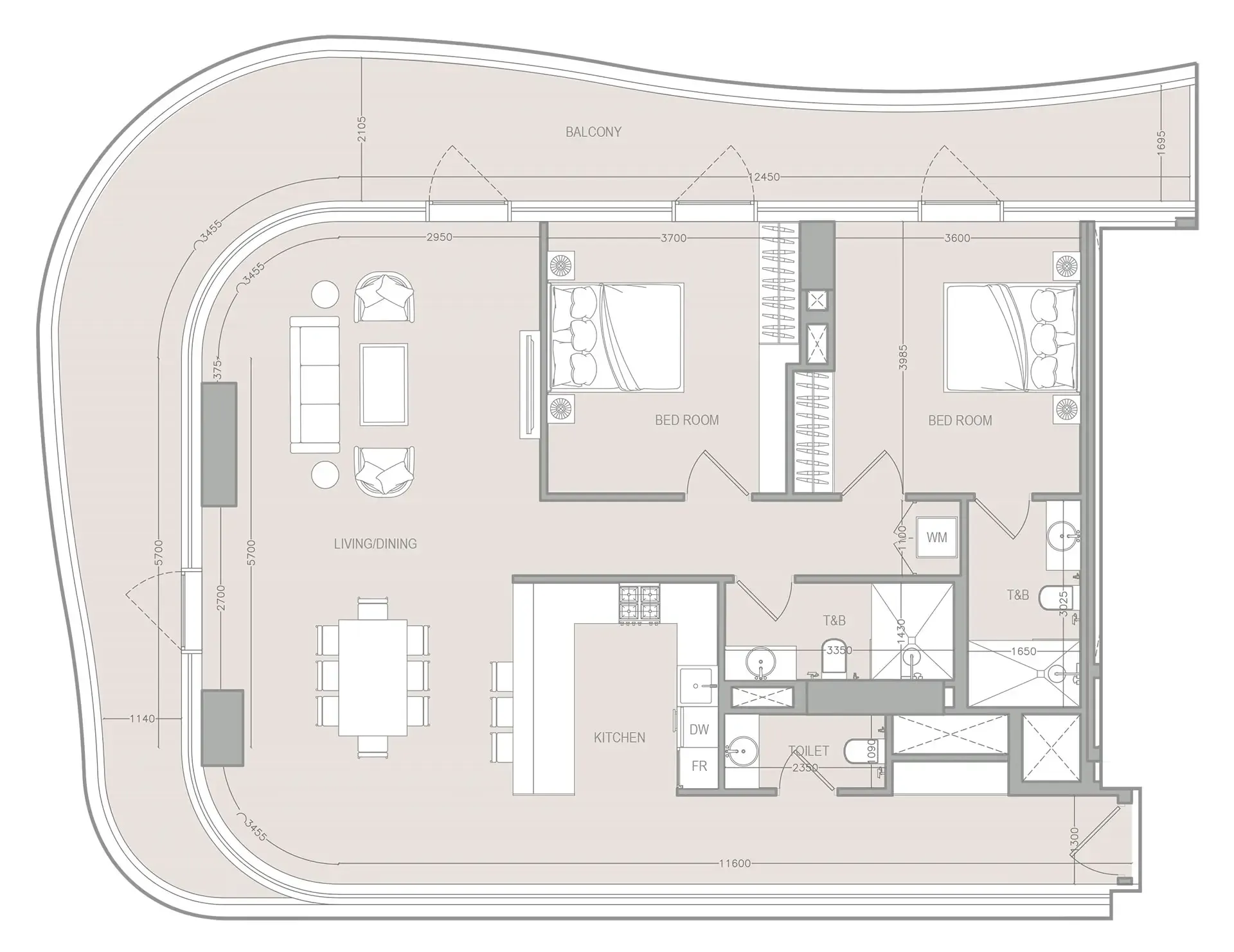A1LA Residence 2 bed floor plan, 1,237 sqft