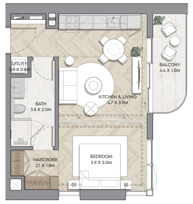 Nura 1 bed floor plan, 623 – 806 sqft