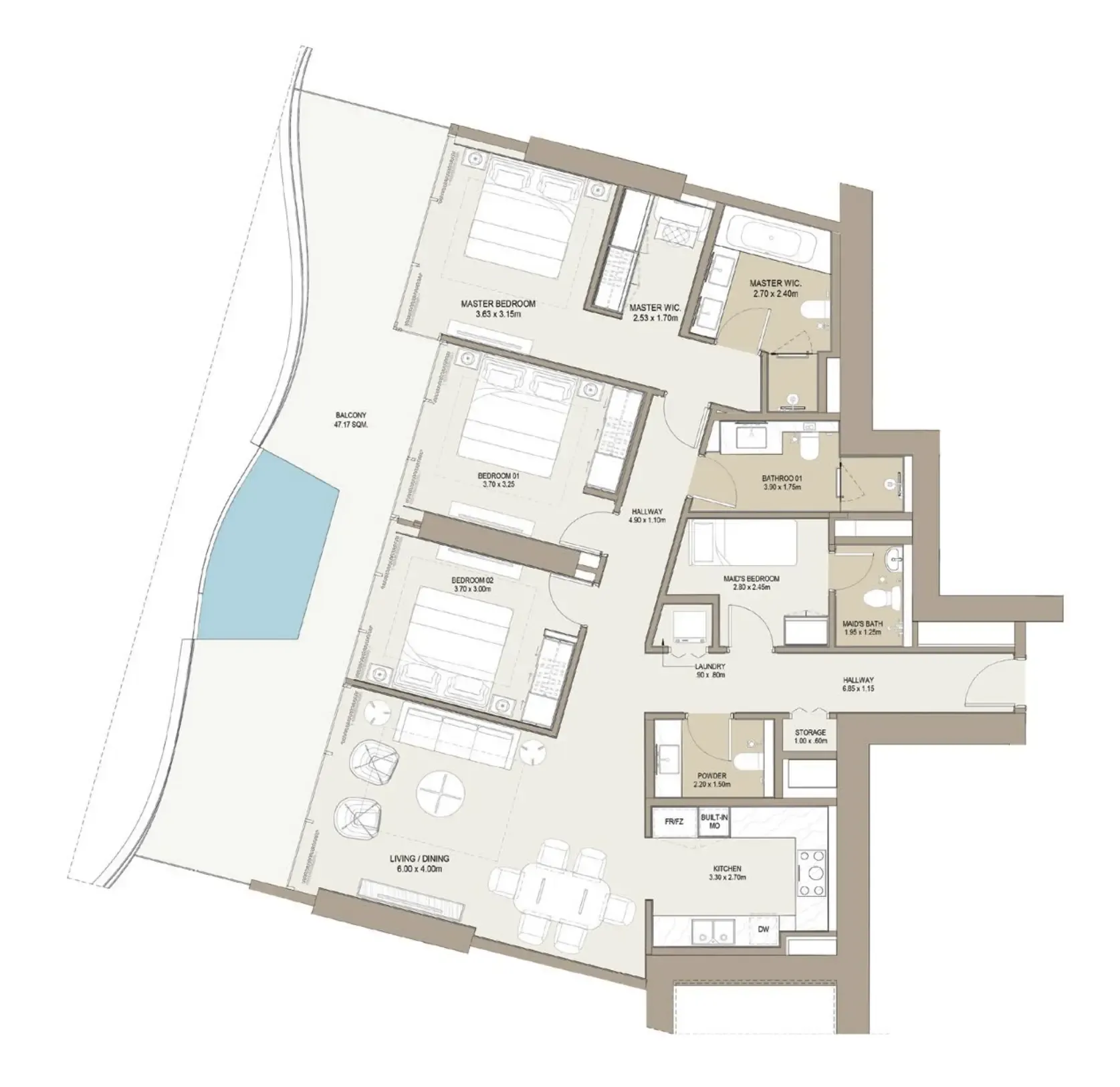 Laguna Residence 3 bed floor plan, 1,929 sqft