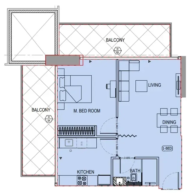 Binghatti Apex 1 bed floor plan, 905 sqft