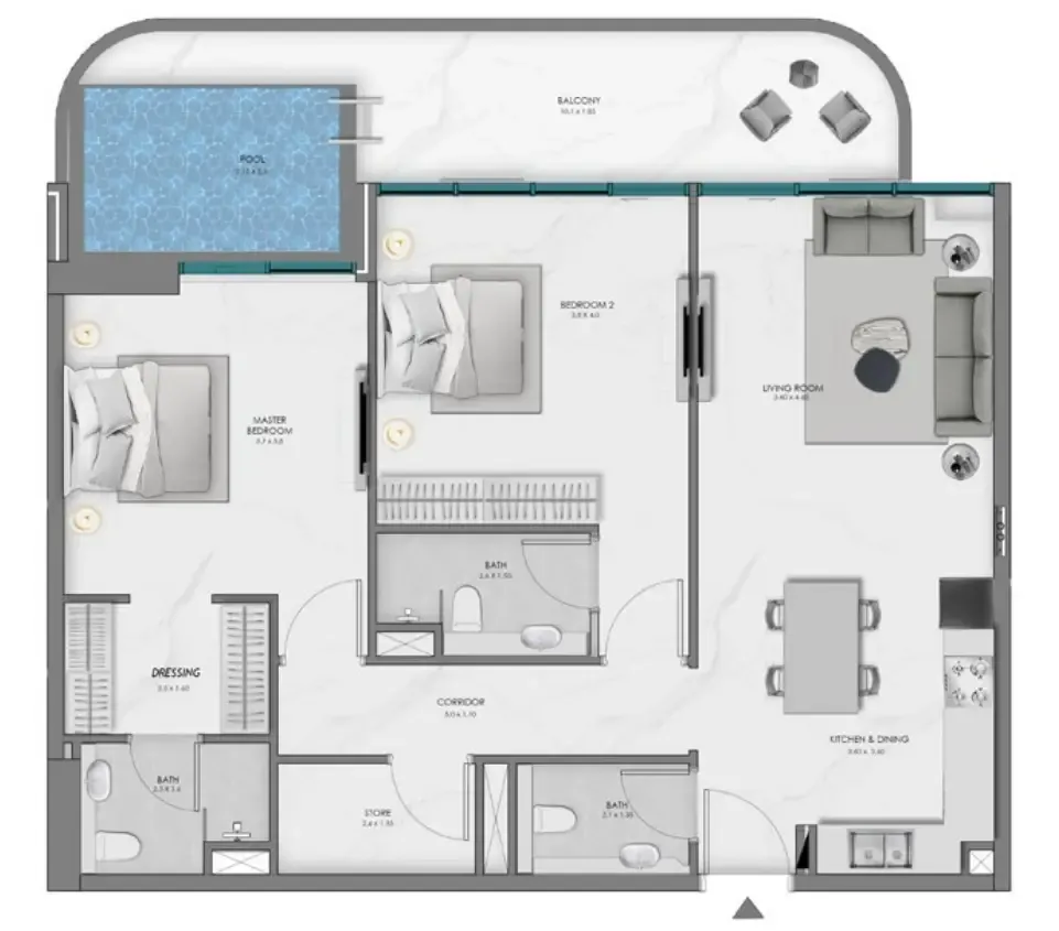 Samana Ocean Bay 2 bed floor plan, 1,241 sqft
