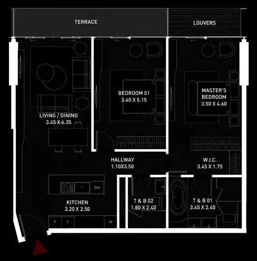 Brabus Island 2 bed floor plan, 1,106 – 1,157 sqft