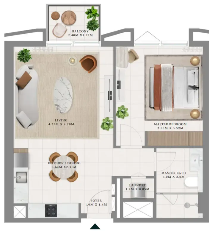 Hillsedge 1 bed floor plan, 711 sqft