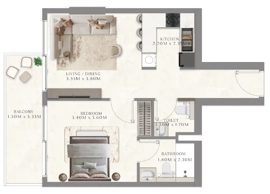 Aum 99 Residences 1 bed floor plan, 634 sqft