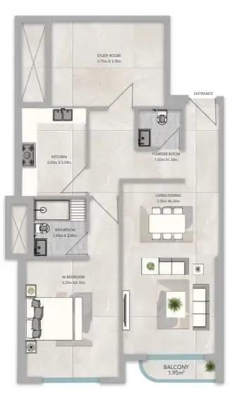 Azha Views Residences 1 bed floor plan, 1,049 – 1,106 sqft