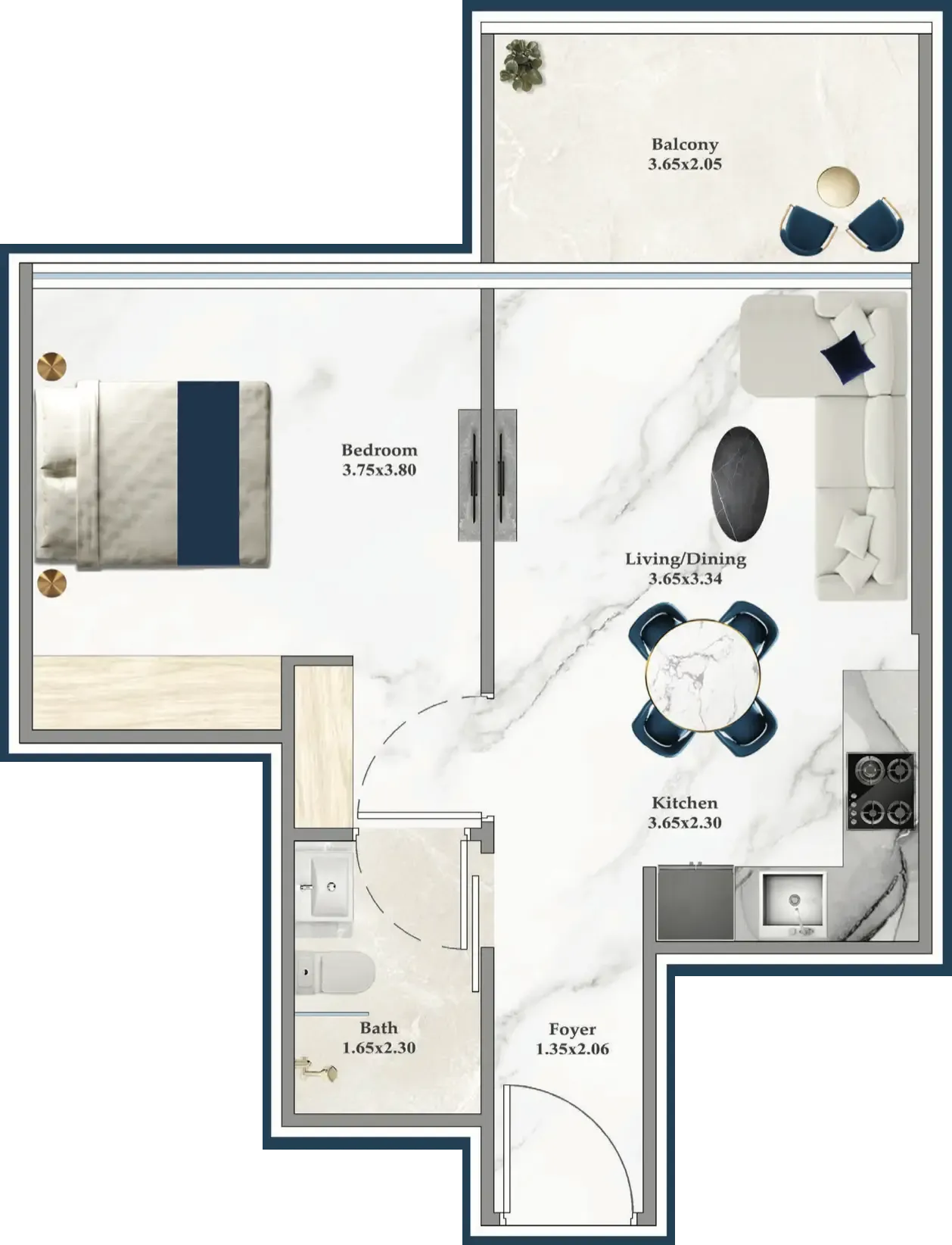 Serenz 1 bed floor plan, 539 sqft