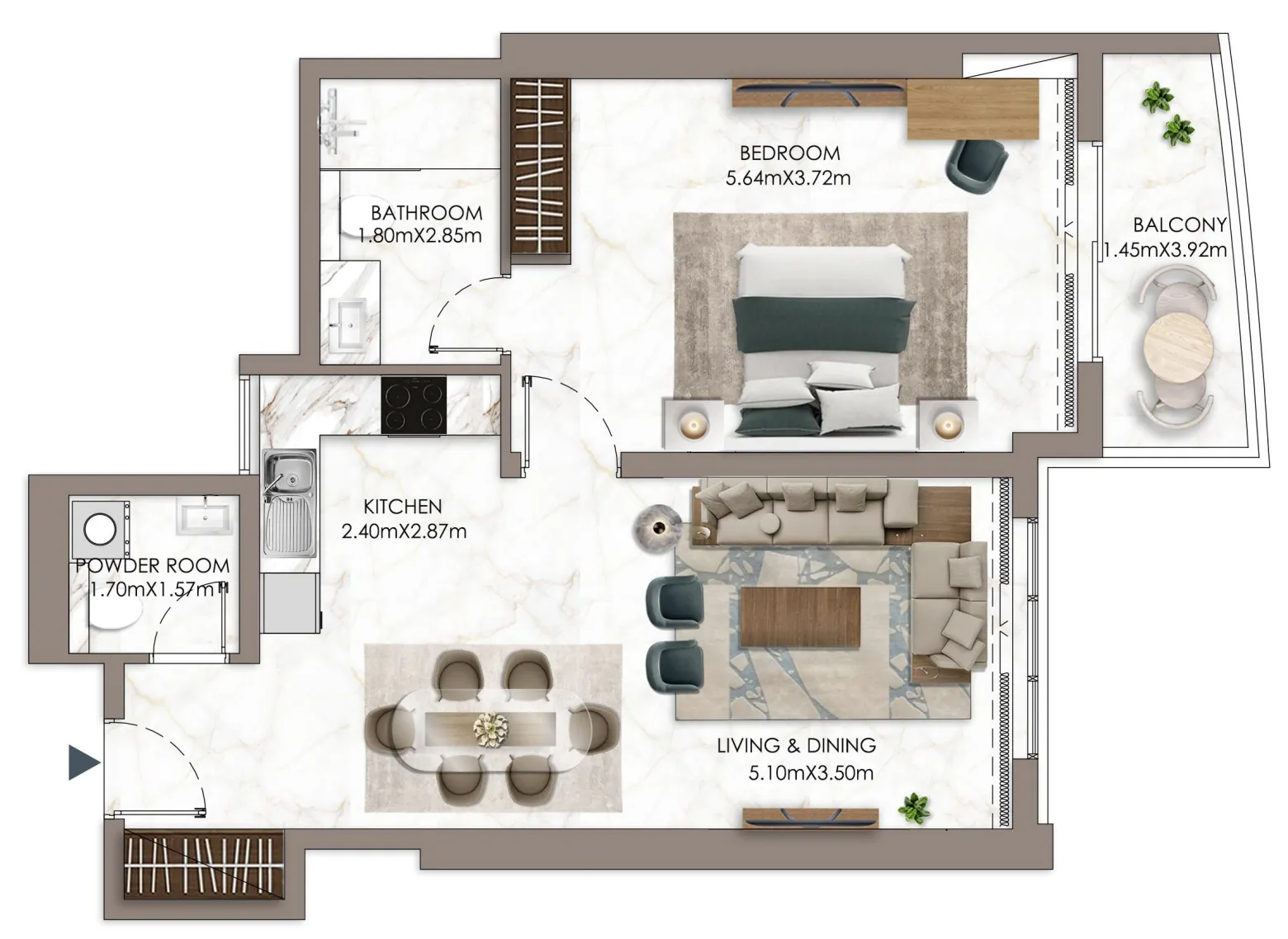Ajman Pearl Tower 1 bed floor plan, 1,083 sqft