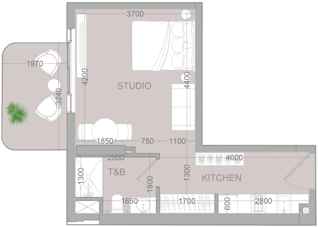 TETR1S Tower Studio floor plan, 454 sqft