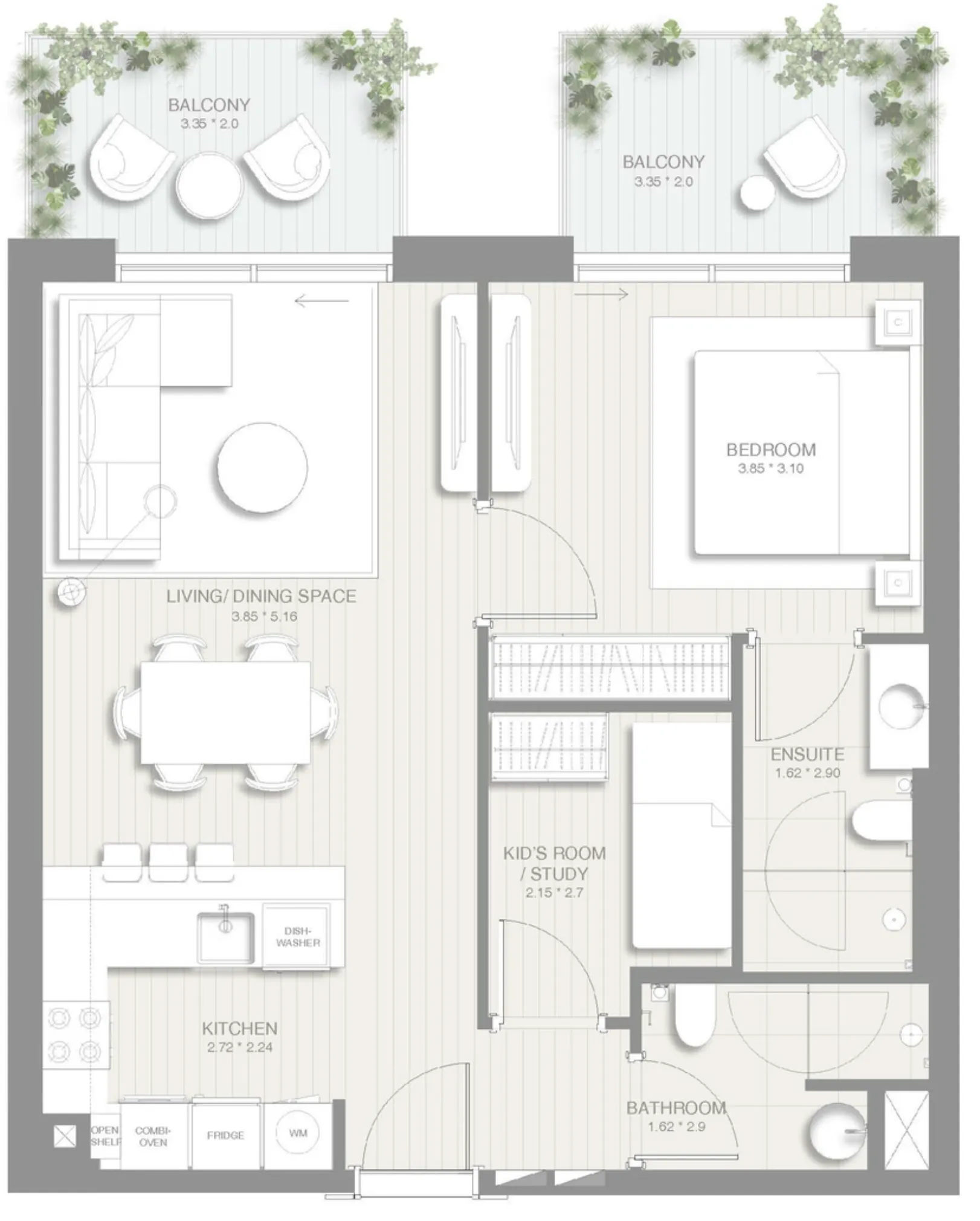 Sol Levante 1 bed floor plan, 843 sqft