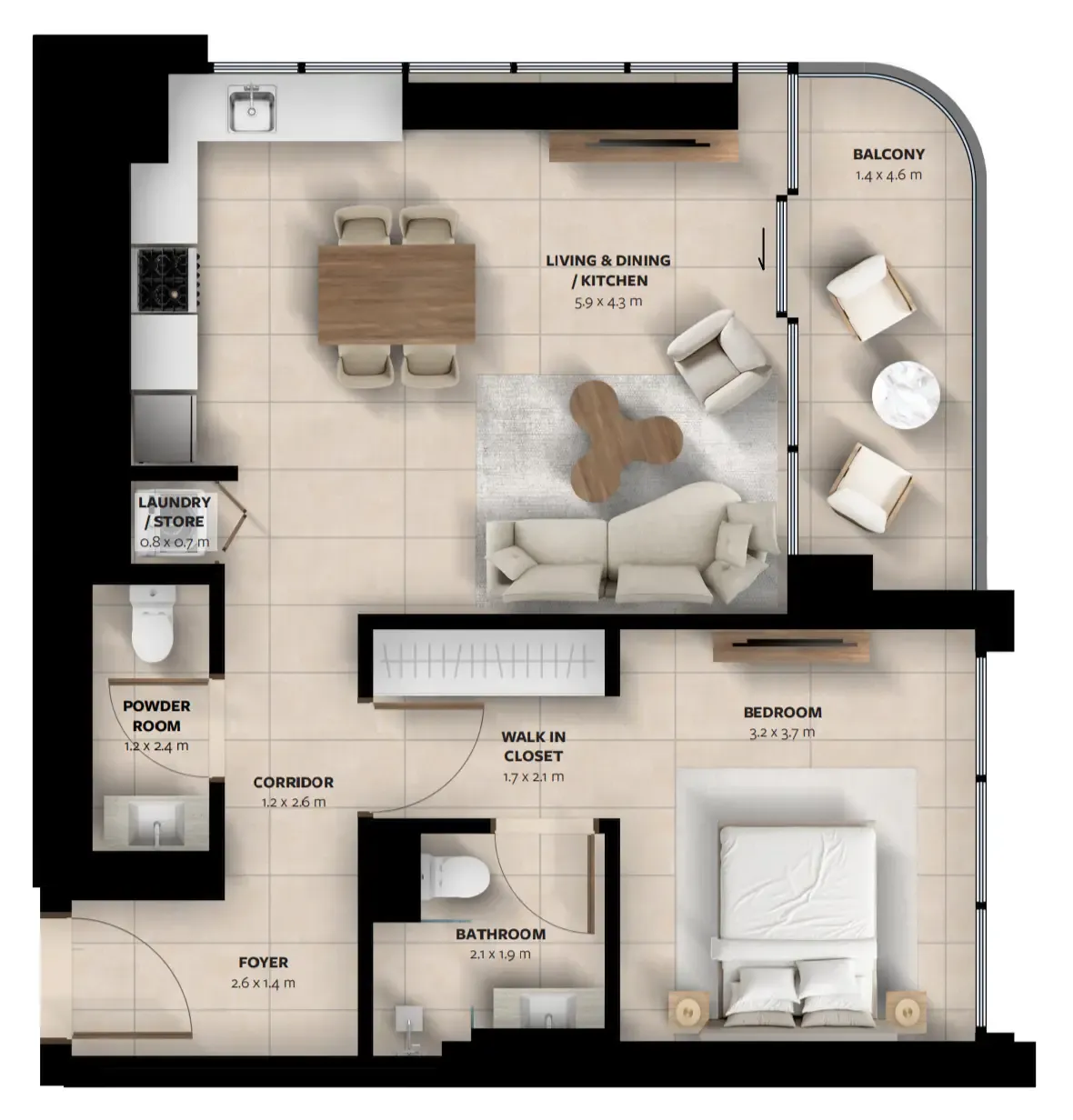 Waada Dubai South 1 bed floor plan, 757 – 760 sqft