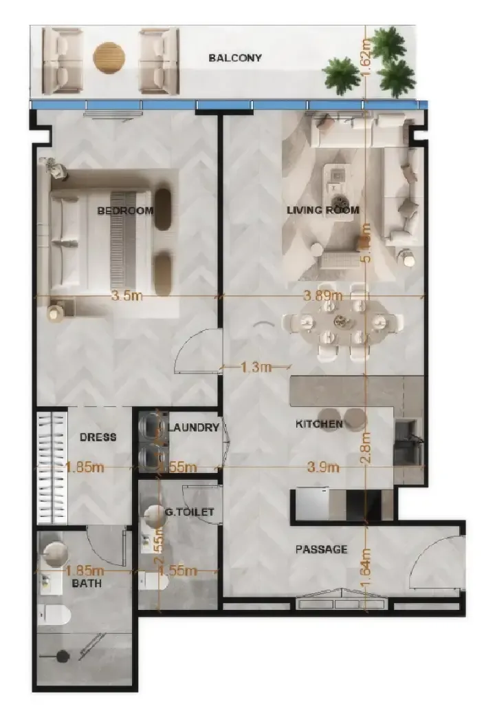 Radiant Terrace 1 bed floor plan, 949 – 958 sqft