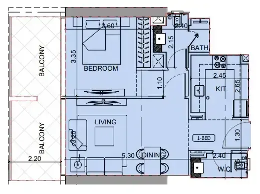 Binghatti Cullinan 1 bed floor plan, 728 sqft