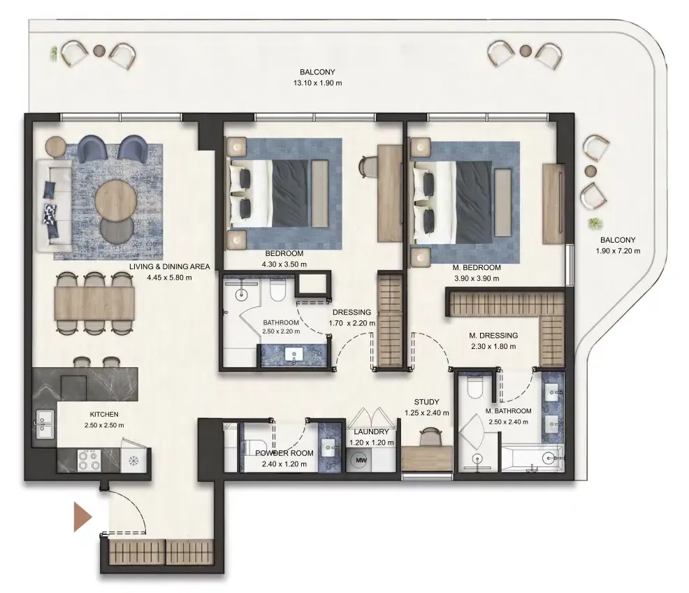 Seamont Autograph Collection Residences 2 bed floor plan, 1,597 sqft