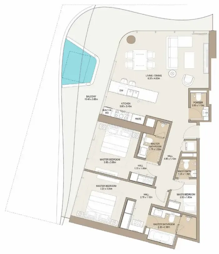 Laguna Residence 2 bed floor plan, 1,654 sqft