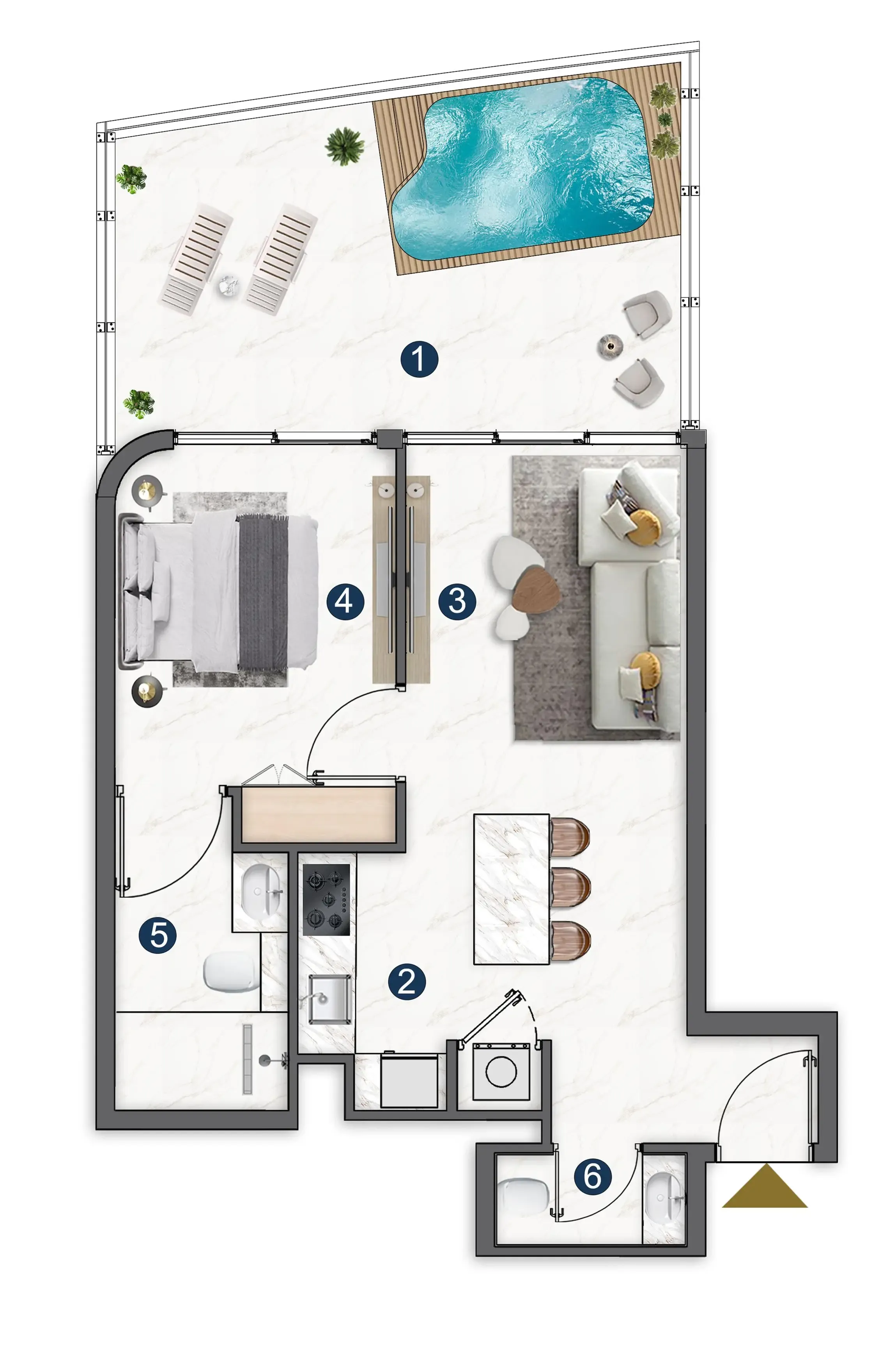 Voxa Pantheon 1 bed floor plan, 786 sqft