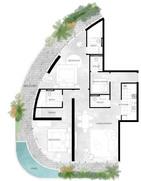 Trussardi Residences 2 bed floor plan, 2,104 sqft