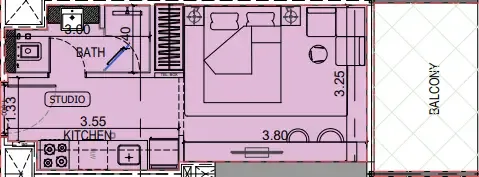 Binghatti Vintage Studio floor plan, 375 – 376 sqft