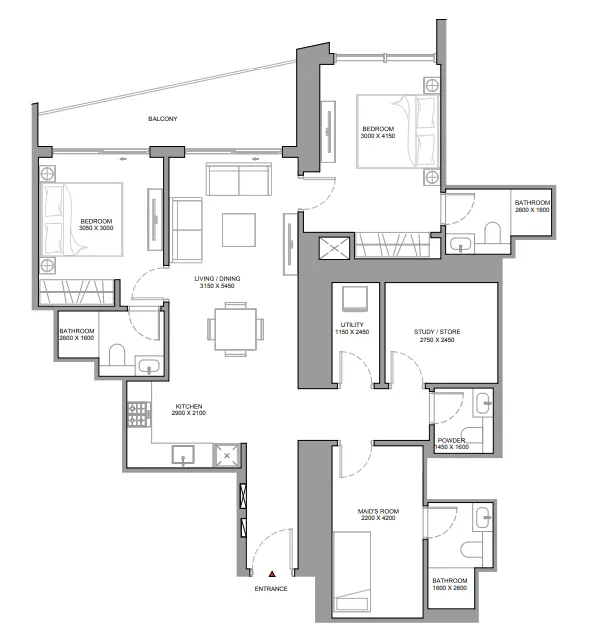 The Horizon at Sobha Central 2 bed floor plan, 1,344 sqft