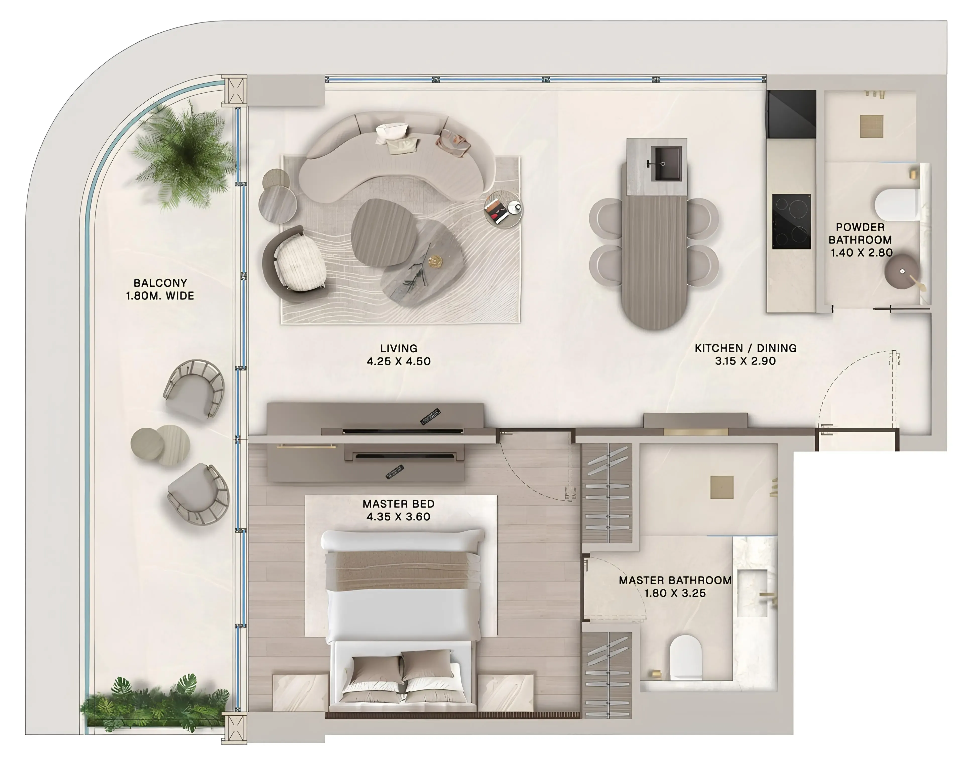 Soléva Beach Residences 1 bed floor plan, 907 sqft