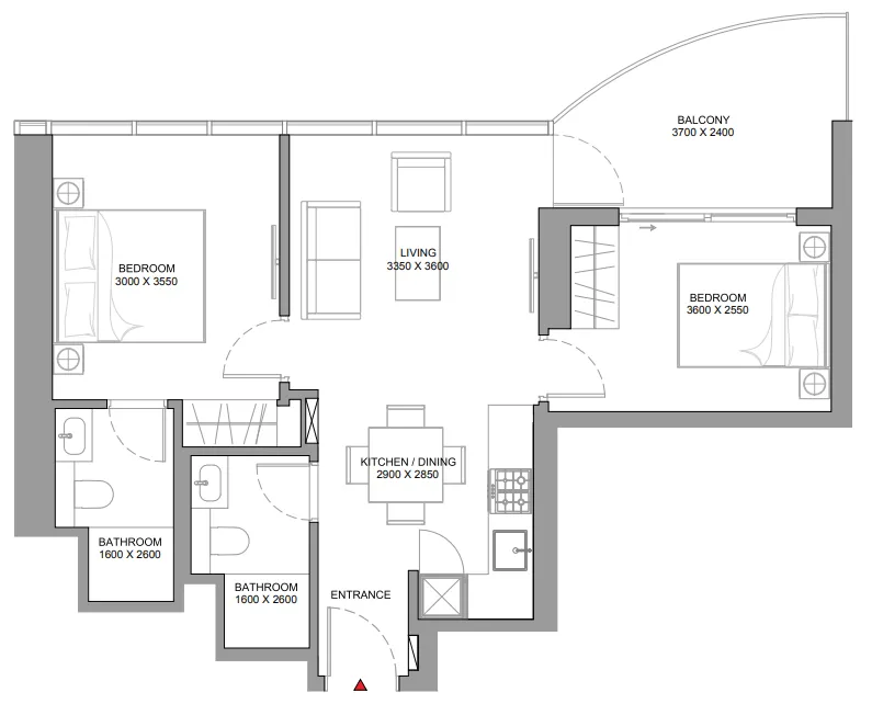 Sobha Aquamont 2 bed floor plan, 733 sqft