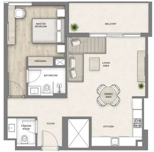Al Hamra Greens 1 bed floor plan, 740 – 897 sqft