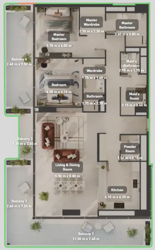 Luluat Marina at Luluat Al Raha 2 bed floor plan, 2,475 sqft