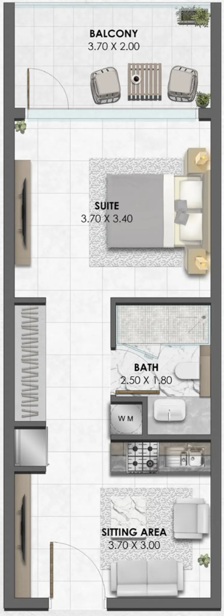 Waref Residences Studio floor plan, 445 – 501 sqft
