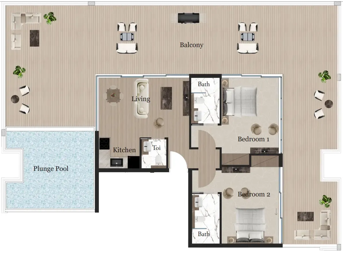Rijas Suites 2 bed floor plan, 2,150 sqft