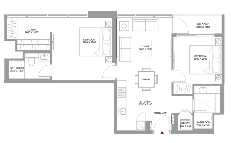 Pristine Beach Residences 2 bed floor plan, 840 sqft