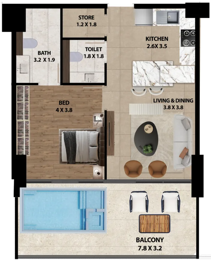 Marquis One 1 bed floor plan, 901 sqft