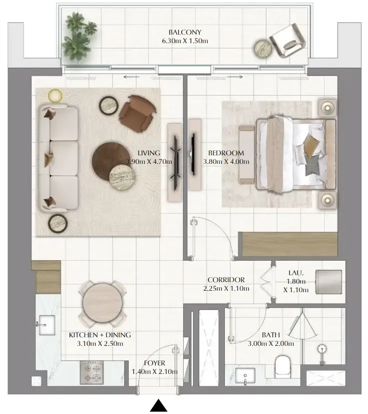 Valia 1 bed floor plan, 821 sqft