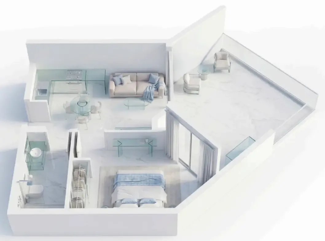 Ice Beach 1 bed floor plan, 572 – 667 sqft