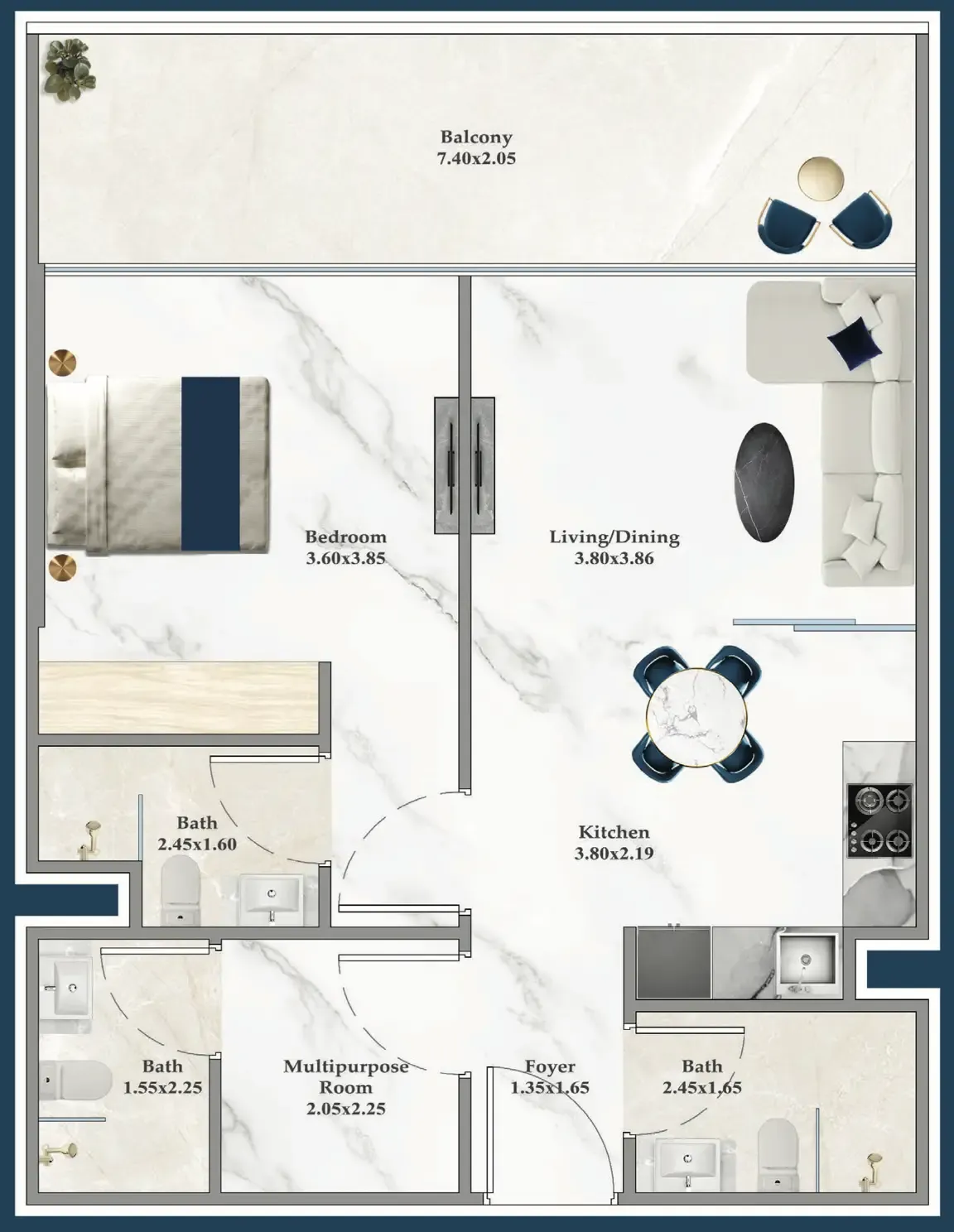 Serenz 1 bed floor plan, 765 sqft