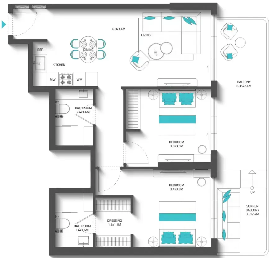 Reef 996 2 bed floor plan, 1,063 sqft