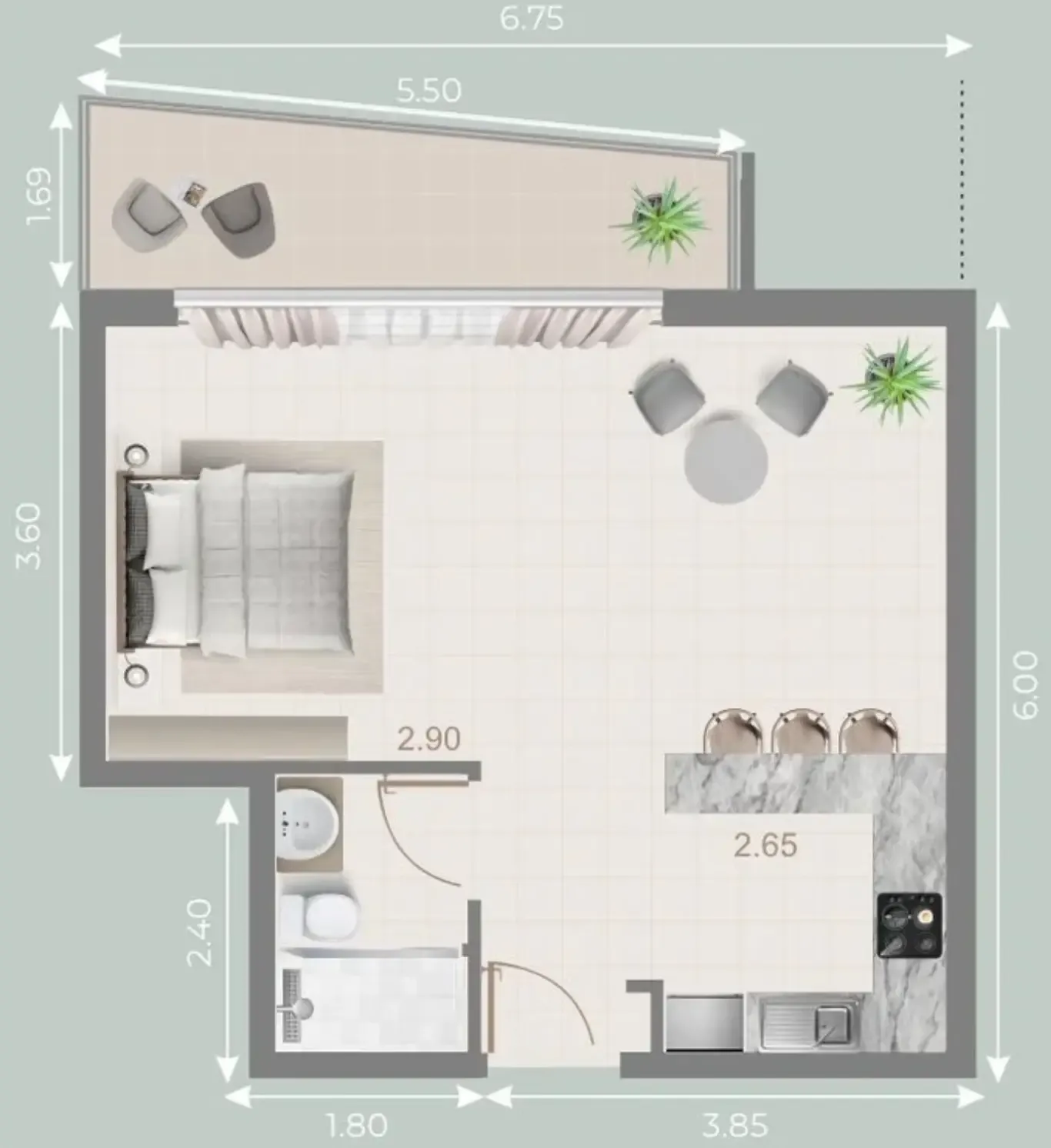 Galleria Residences Studio floor plan, 537 sqft