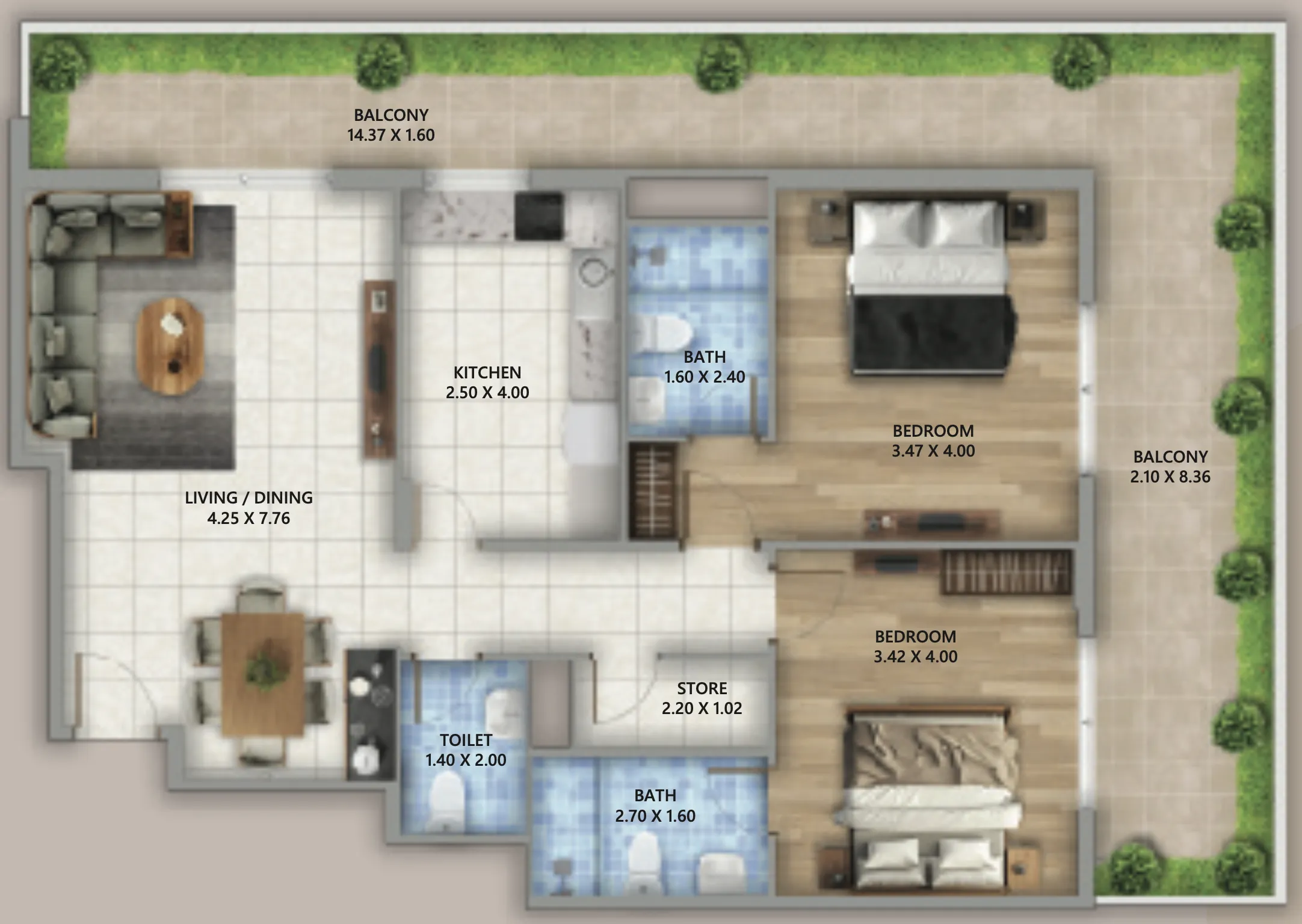 Linden Residences 2 bed floor plan, 1,499 sqft