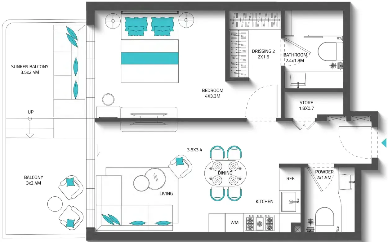 Reef 996 1 bed floor plan, 784 sqft