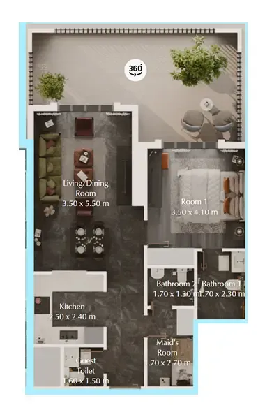 Bab Al Qasr Garden Residences 65 1 bed floor plan, 908 sqft