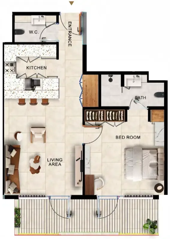 Kingdom Gate 1 bed floor plan, 833 sqft