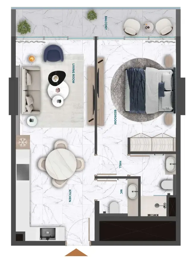 Wadi Hills 1 bed floor plan, 682 sqft