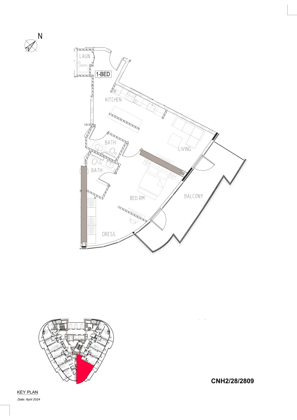 Canal Heights 1 bed floor plan, 1,077 sqft