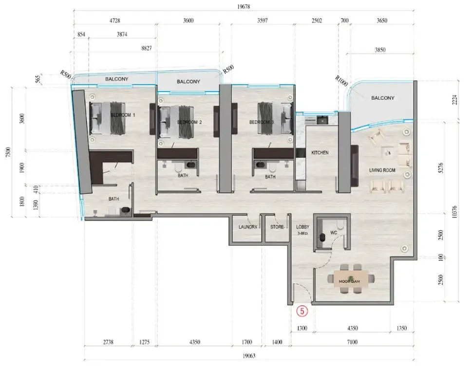 Al Ghaf Tower 3 bed floor plan, 2,081 sqft