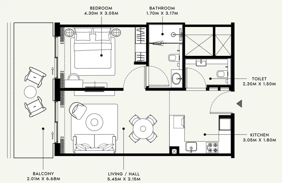 Azizi Venice 1 bed floor plan, 736 sqft