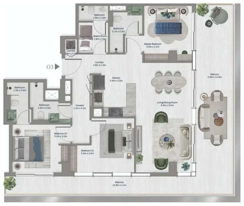 Oceara Park View Residences Phase 1 3 bed floor plan, 1,594 sqft