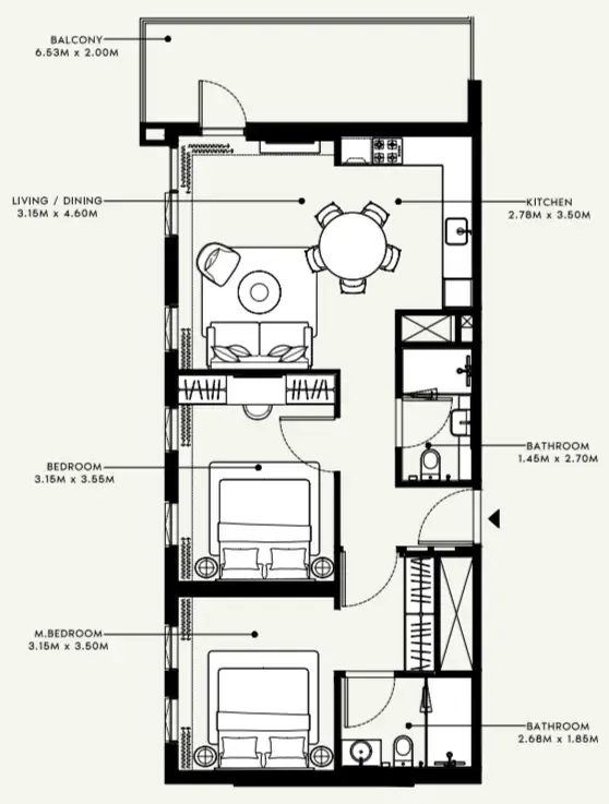 Beach Oasis 1 and 2 2 bed floor plan, 978 sqft