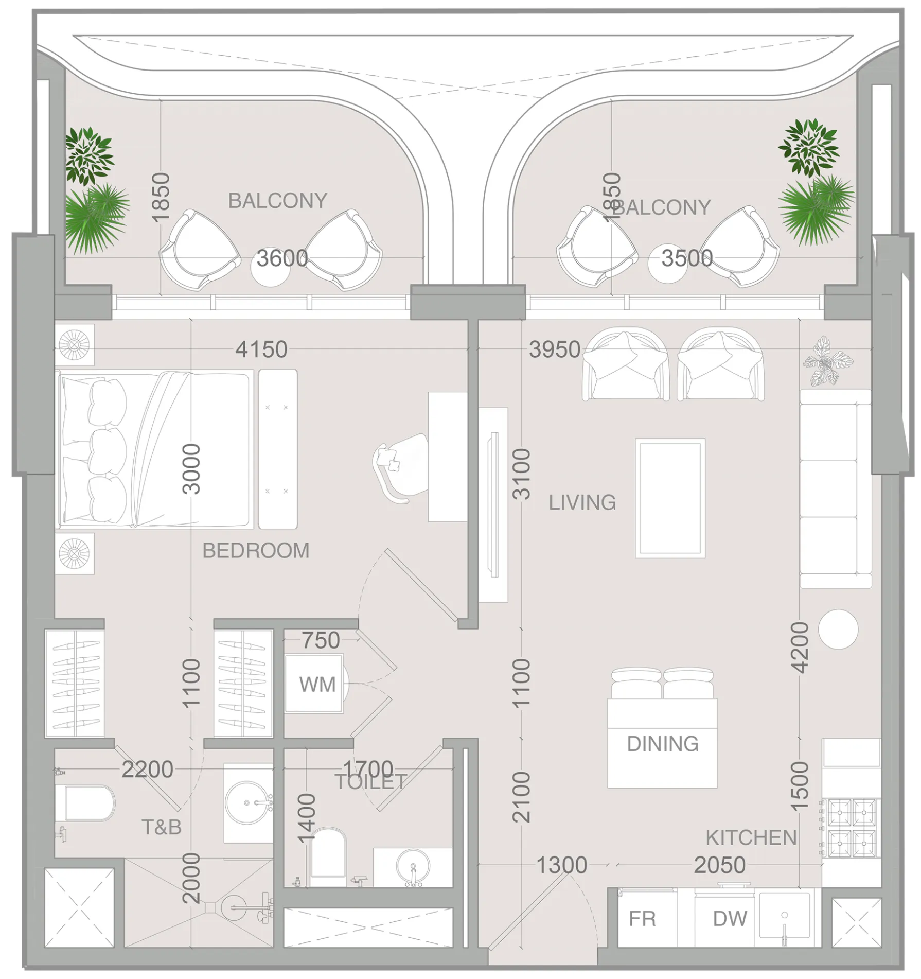 ALTA V1EW 1 bed floor plan, 736 sqft
