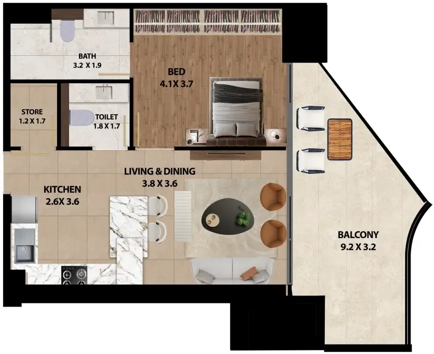 Marquis One 1 bed floor plan, 883 sqft