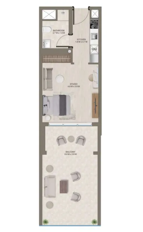 The Corner Studio floor plan, 641 sqft