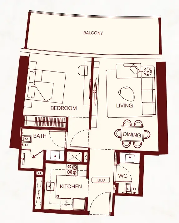 Binghatti Skyflame 1 bed floor plan, 721 – 724 sqft